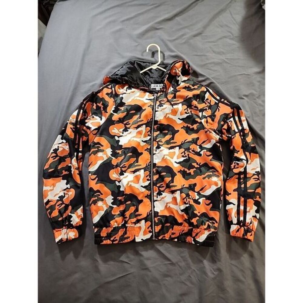 I AM GIA Luxury Designer Streetwear Orange Camo Full Zip Bomber Jacket Small